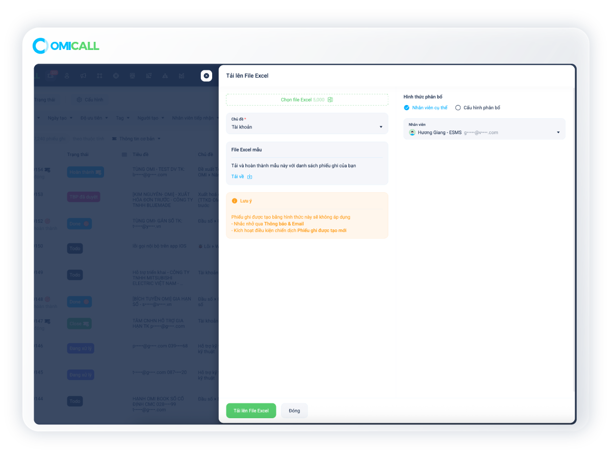 Modal nhập Excel — upload hàng loạt phiếu ghi